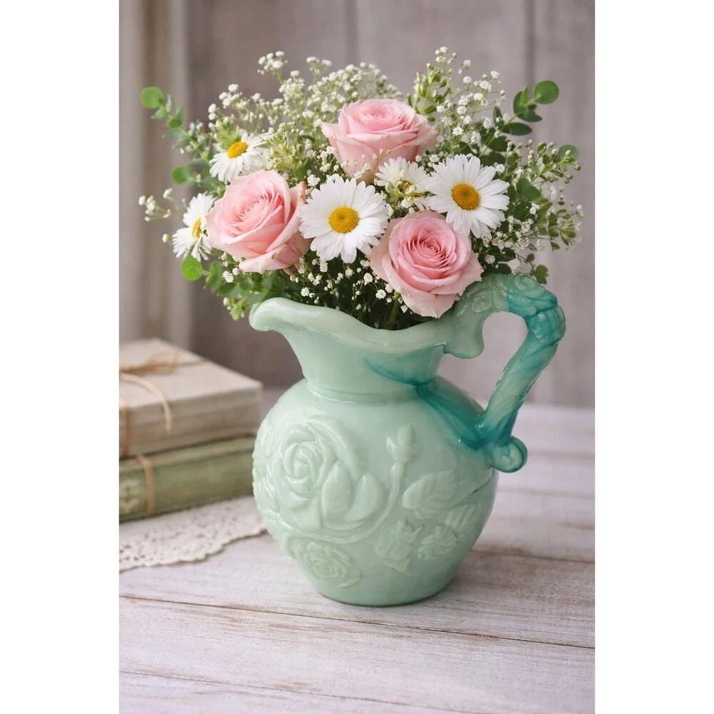 Vintage Avon Green Glass Pitcher Vase / Jadeite Style Floral Rose Relief / Cotta